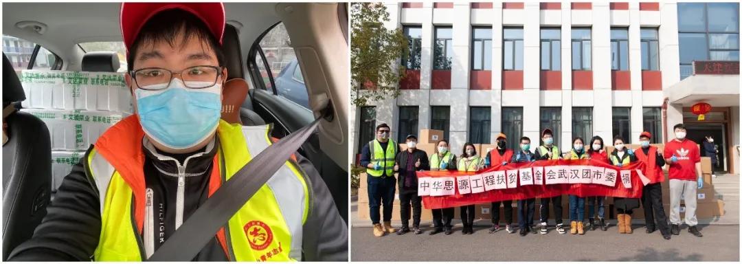 左圖：10輛轎車(chē)后座和后備箱堆滿(mǎn)了菜，出發(fā)送給社區(qū)；右圖：各位志愿者協(xié)助接收消毒防護(hù)物資